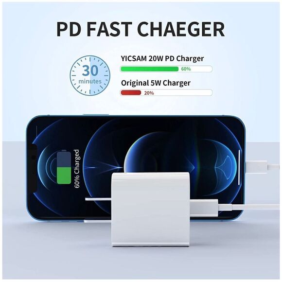 2-Pack 20W MFI Certified Fast Charger w/ 6.6Ft Cable for iphone 14 13 12 Pro Max - Picture 3 of 7